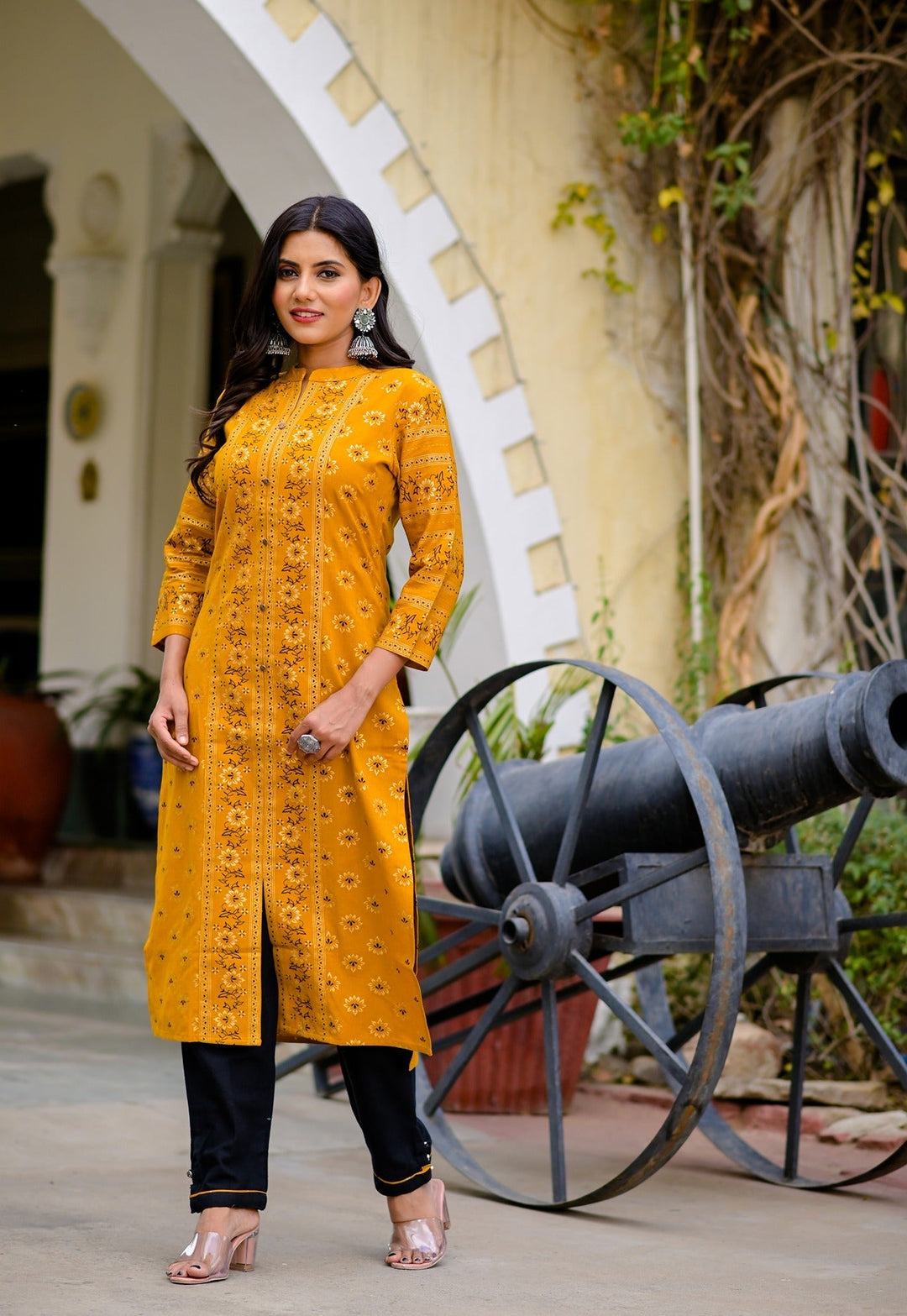 Mustard & Black Printed Kurta Set-Yufta Store-5143SETMSS