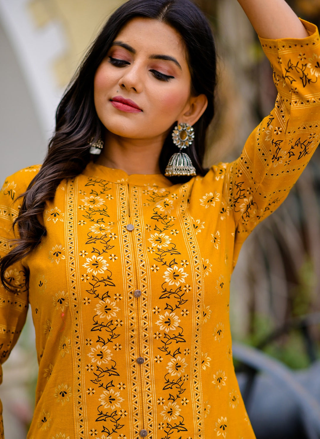 Mustard & Black Printed Kurta Set-Yufta Store-5143SETMSS