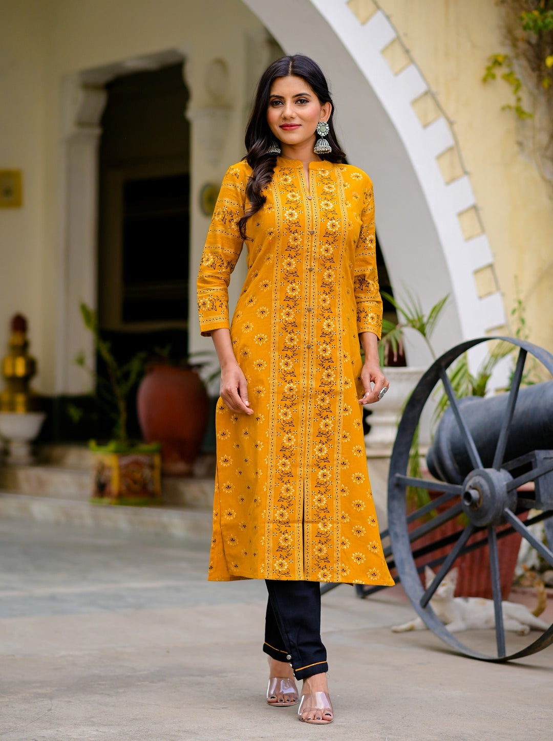 Mustard & Black Printed Kurta Set-Yufta Store-5143SETMSS