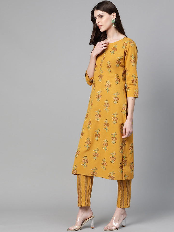 Mustard & Black Printed Kurta Set-Yufta Store-7554SETMSS