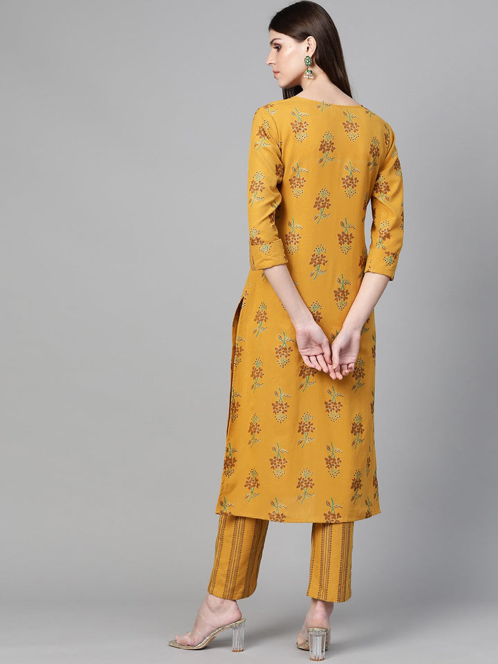 Mustard & Black Printed Kurta Set-Yufta Store-7554SETMSS