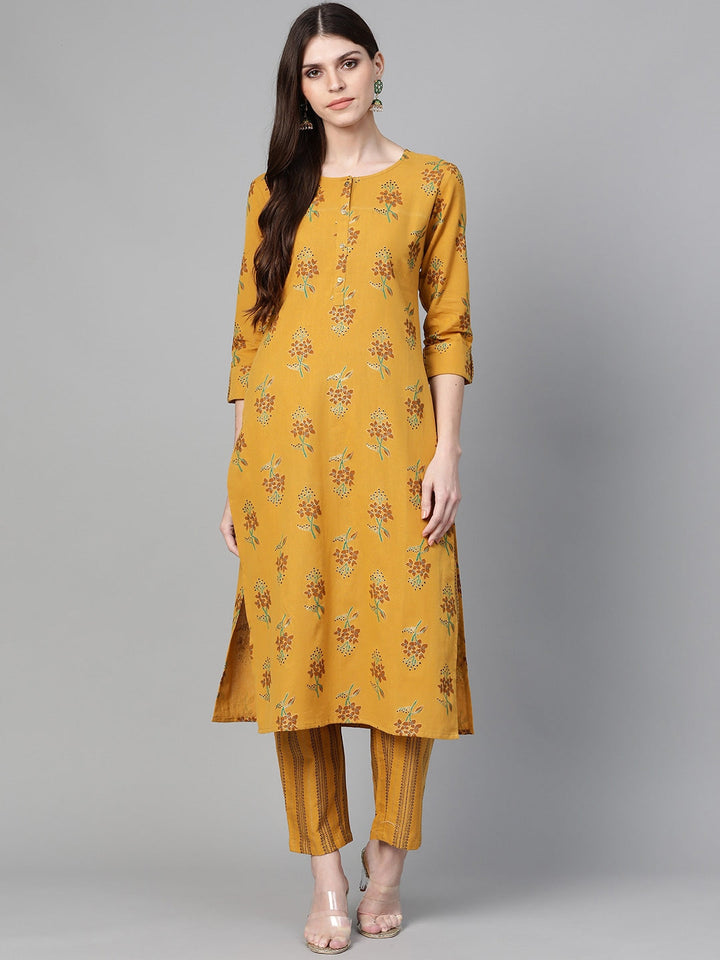 Mustard & Black Printed Kurta Set-Yufta Store-7554SETMSS