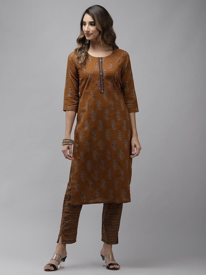 Mustard Brown Ethnic Motifs Printed Kurta Set-Yufta Store-4707SETMSS