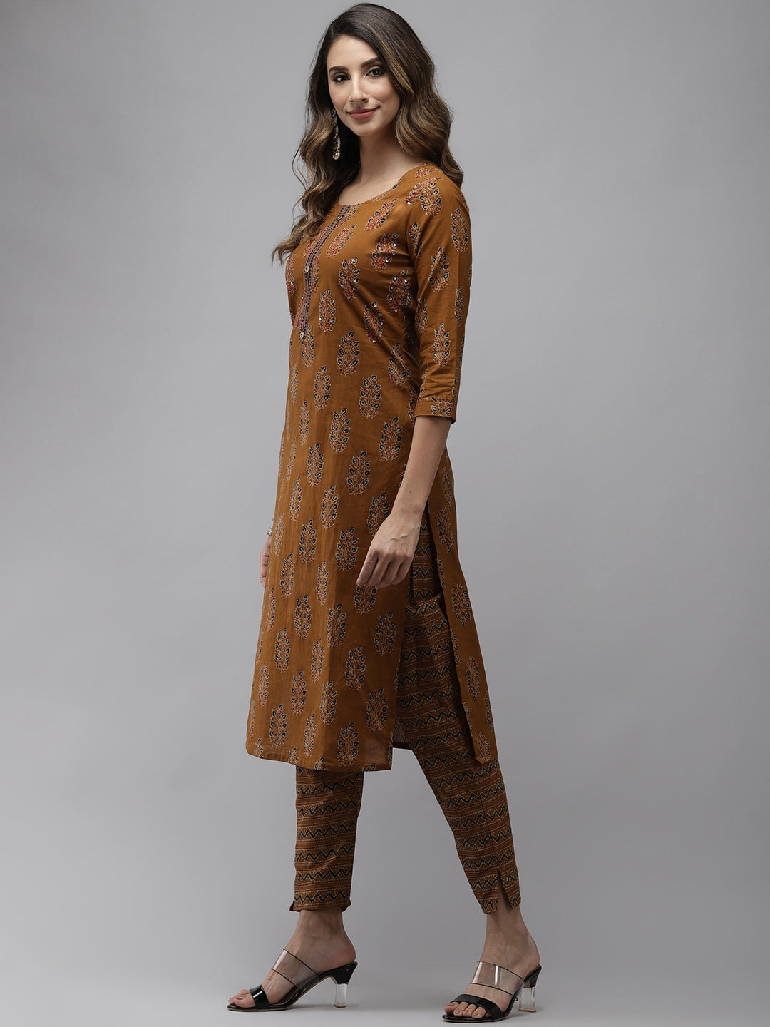 Mustard Brown Ethnic Motifs Printed Kurta Set-Yufta Store-4707SETMSS