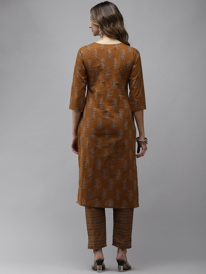 Mustard Brown Ethnic Motifs Printed Kurta Set-Yufta Store-4707SETMSS