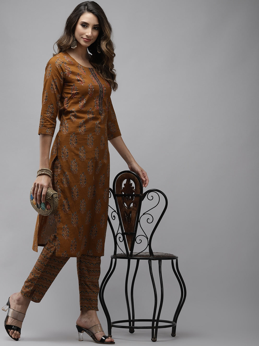 Mustard Brown Ethnic Motifs Printed Kurta Set-Yufta Store-4707SETMSS