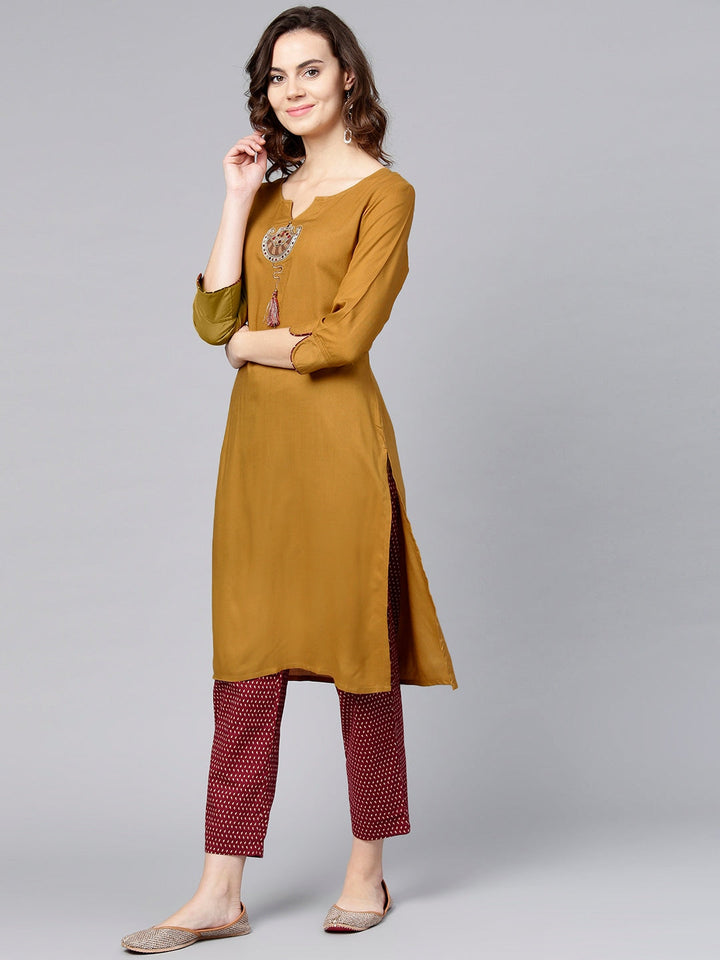 Mustard Brown & Maroon Solid Kurta Set-Yufta Store-YUFPJSET2034S