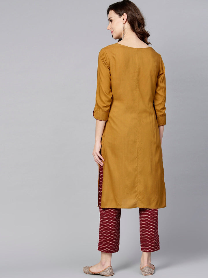 Mustard Brown & Maroon Solid Kurta Set-Yufta Store-YUFPJSET2034S