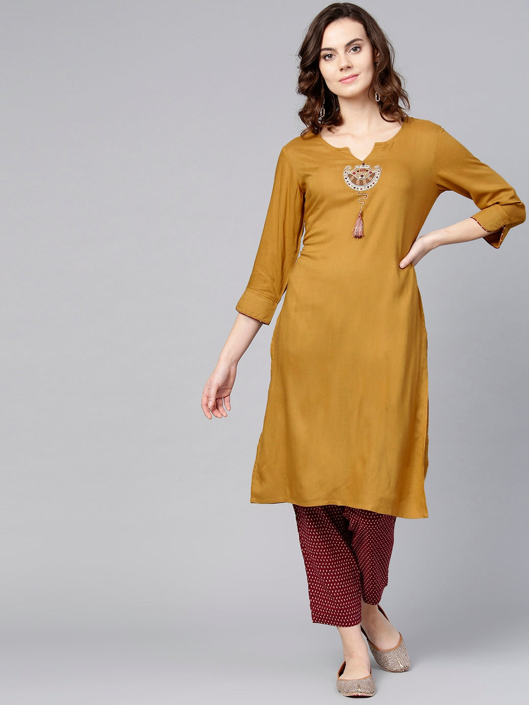 Mustard Brown & Maroon Solid Kurta Set-Yufta Store-YUFPJSET2034S