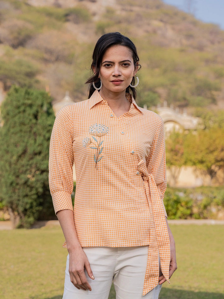 Mustard Cotton Checks Print Top With Embroidery-Yufta Store-1503TOPMSS