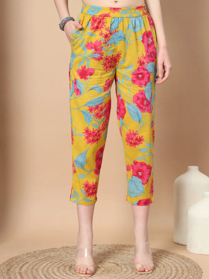 Mustard Cotton Co-Ord Set With Floral Print-Yufta Store-6809CRDMSS