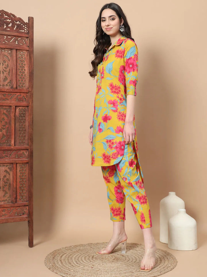 Mustard Cotton Co-Ord Set With Floral Print Button Detailing-Yufta Store-6809CRDMSS