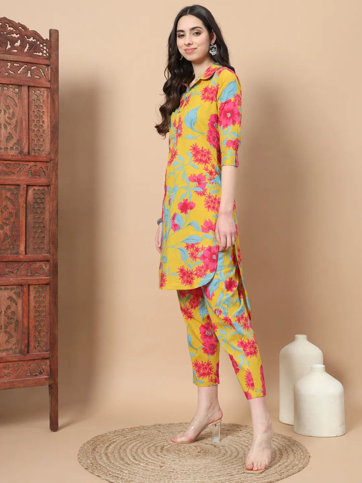 Mustard Cotton Co-Ord Set With Floral Print-Yufta Store-6809CRDMSS