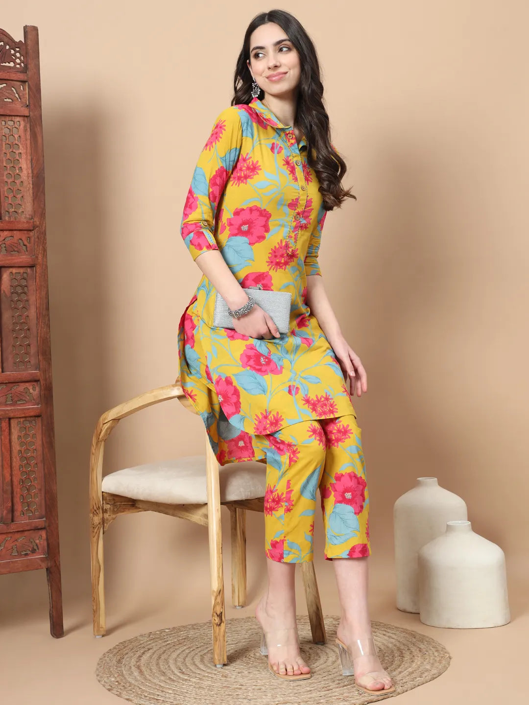 Mustard Cotton Co-Ord Set With Floral Print Button Detailing-Yufta Store-6809CRDMSS