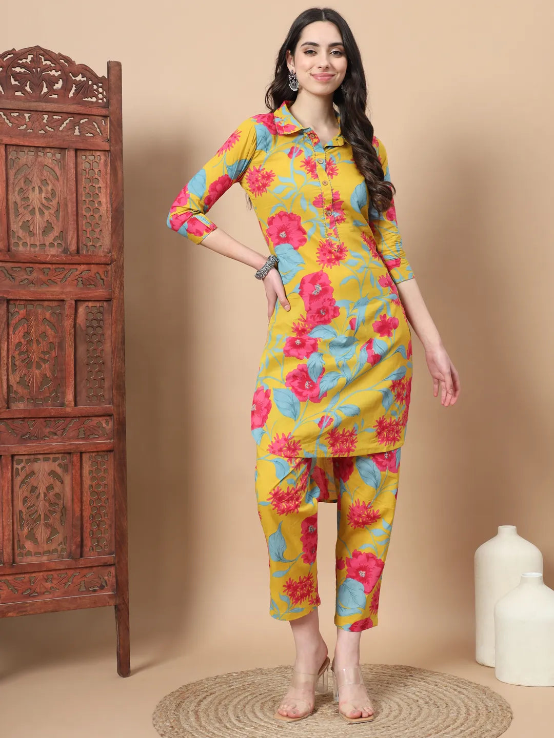 Mustard Cotton Co-Ord Set With Floral Print Button Detailing-Yufta Store-6809CRDMSS