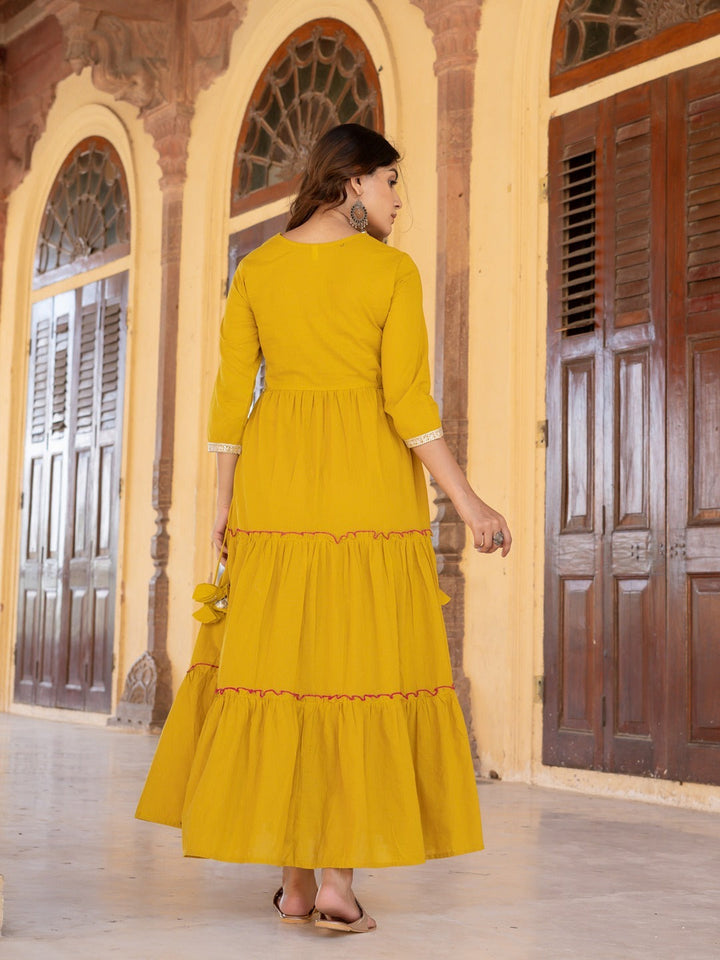 Mustard Cotton Mirror Work Dress-Yufta Store-2196DRSMSM