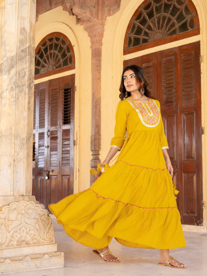 Mustard Cotton Mirror Work Dress-Yufta Store-2196DRSMSM