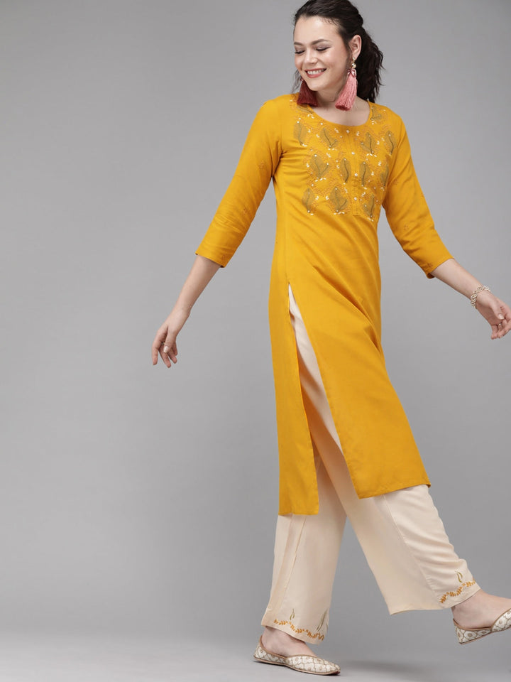 Mustard & Cream Embroidered Kurta Set-Yufta Store-7195SETMSS