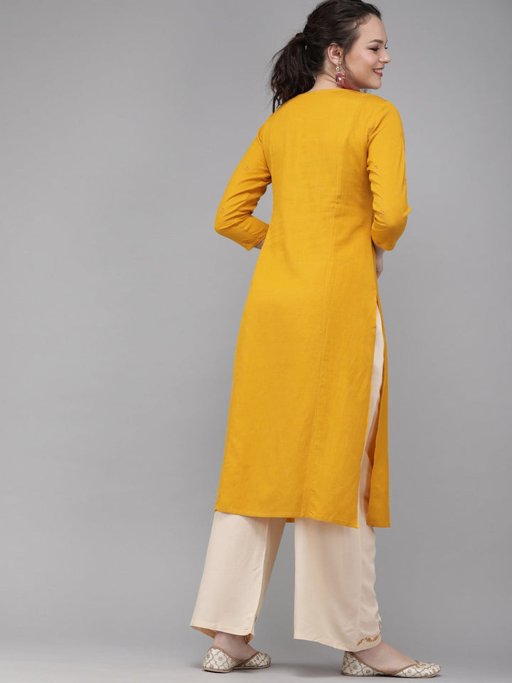 Mustard & Cream Embroidered Kurta Set-Yufta Store-7195SETMSS