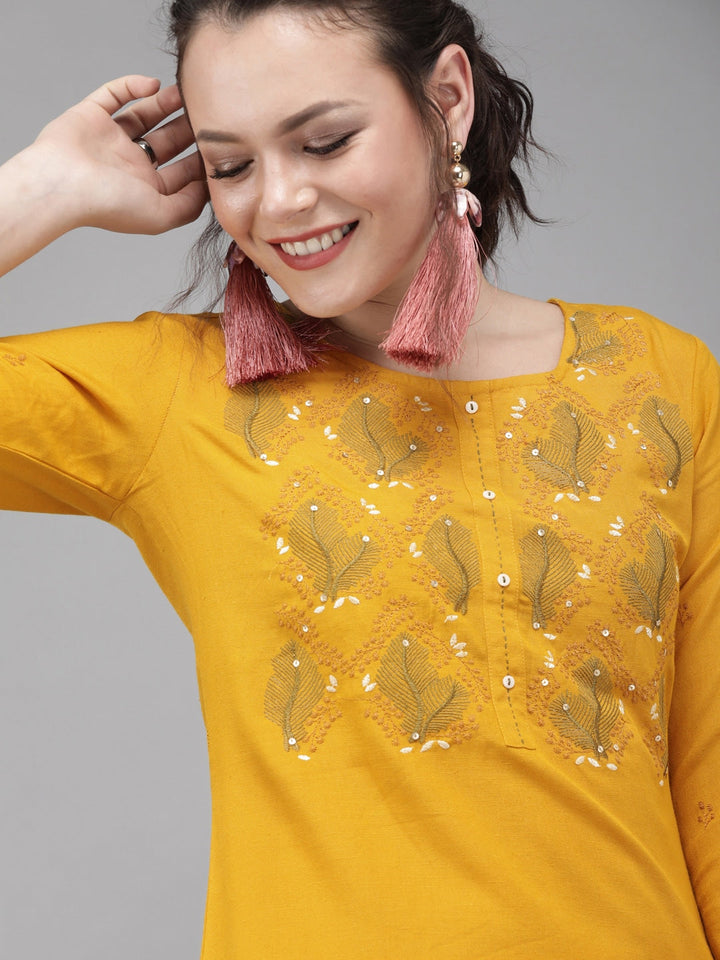 Mustard & Cream Embroidered Kurta Set-Yufta Store-7195SETMSS