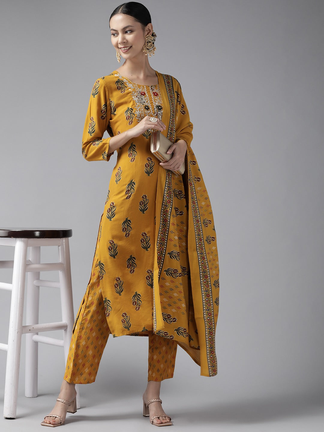 Mustard Embroidered Dupatta Set-Yufta Store-9999SKDMSS