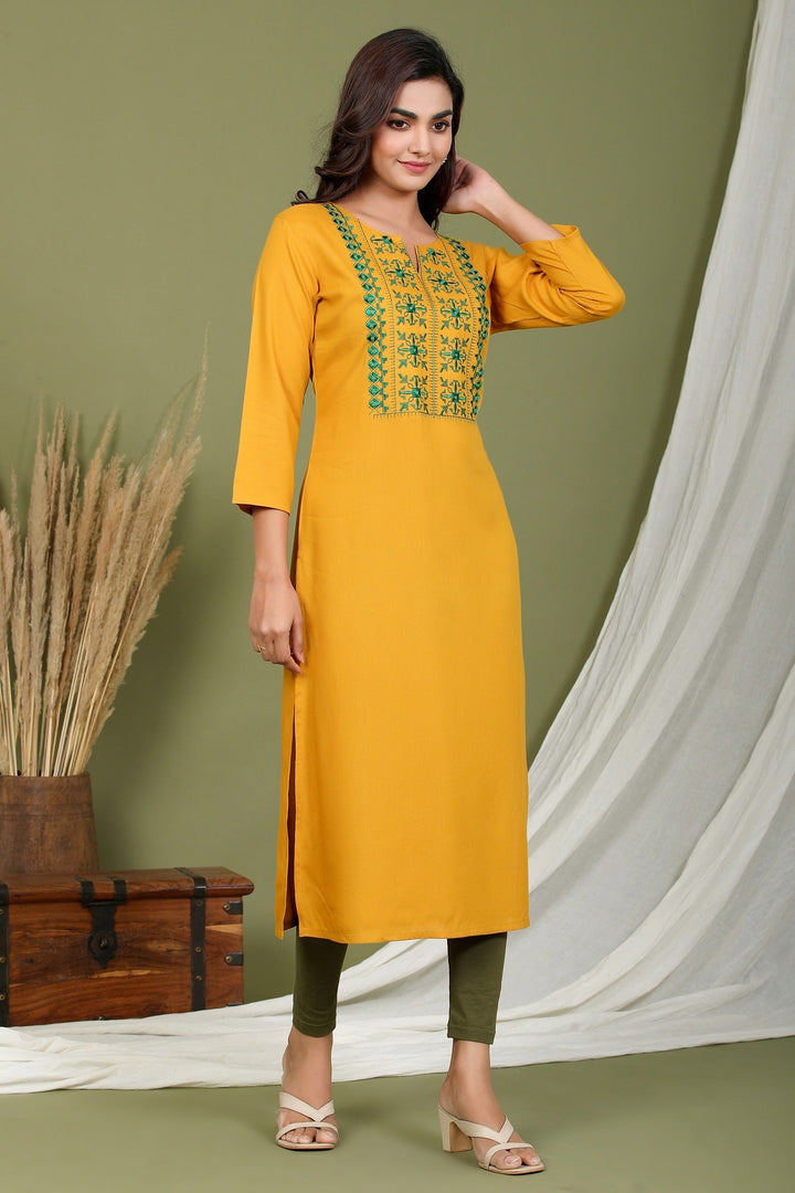 Mustard Embroidered Kurta-Yufta Store-2407KURMSM