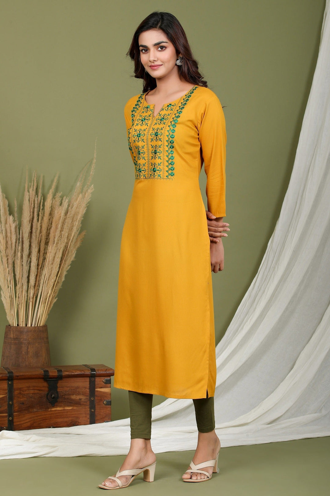 Mustard Embroidered Kurta-Yufta Store-2407KURMSM