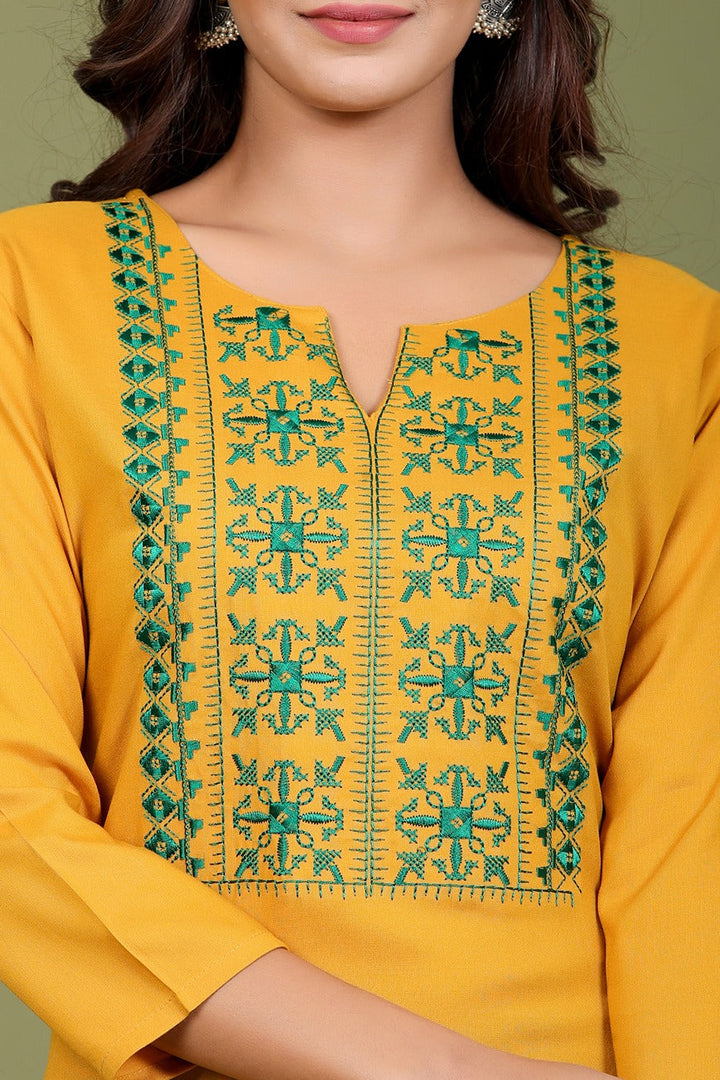 Mustard Embroidered Kurta-Yufta Store-2407KURMSM