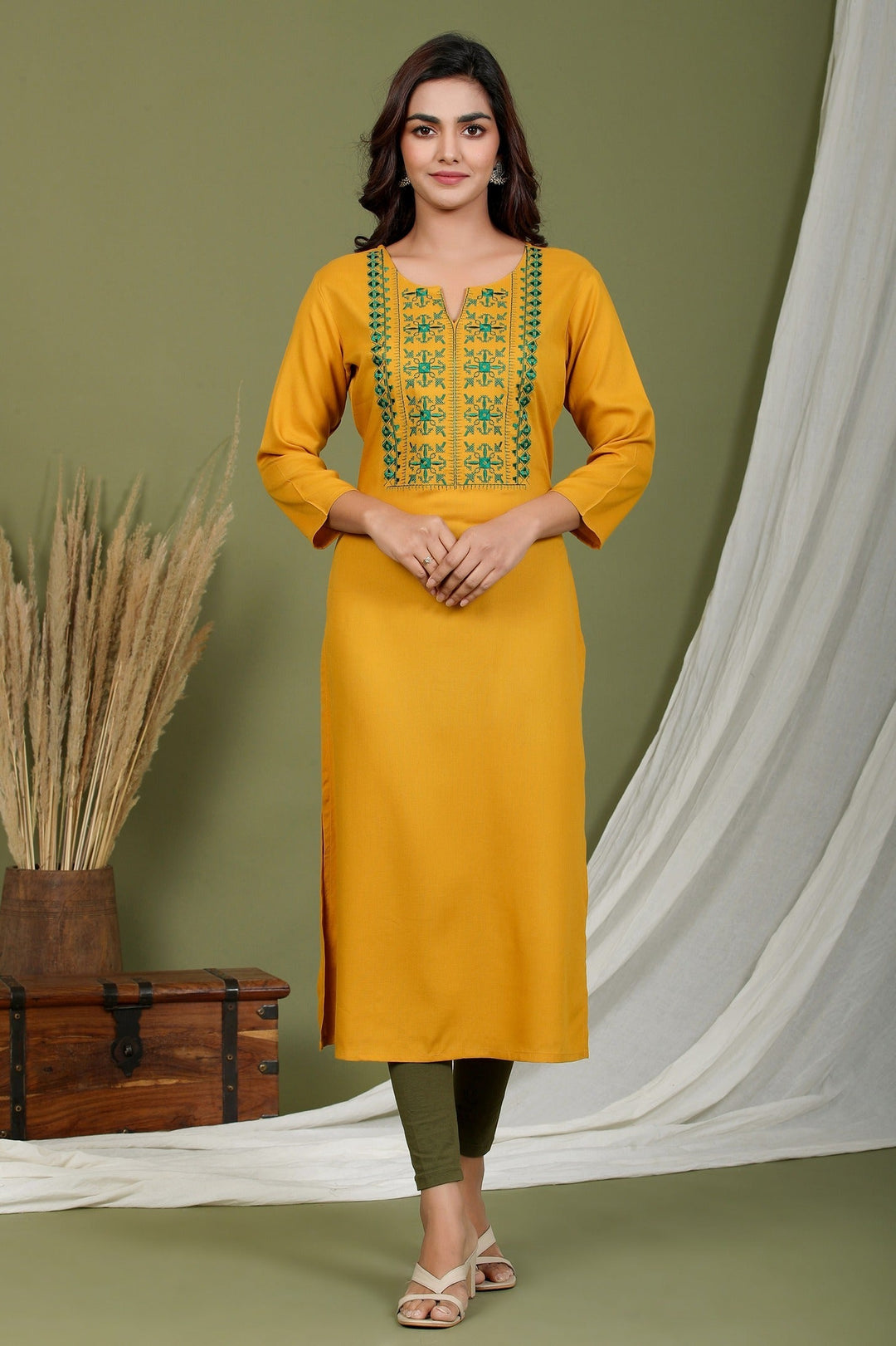 Mustard Embroidered Kurta-Yufta Store-2407KURMSM