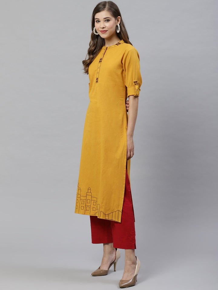 Mustard Embroidered Kurta-Yufta Store-7230KURMSS