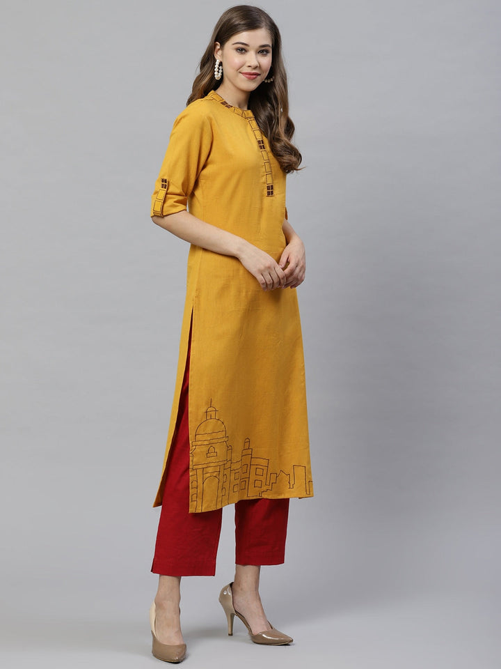 Mustard Embroidered Kurta-Yufta Store-7230KURMSS