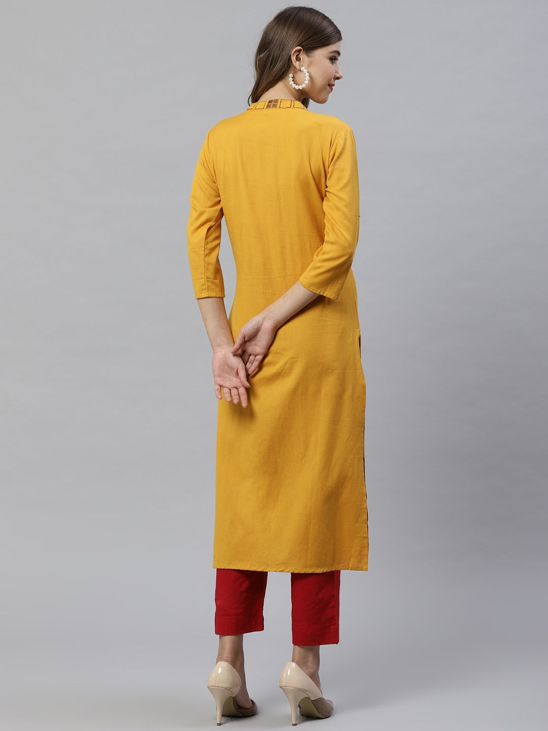 Mustard Embroidered Kurta-Yufta Store-7230KURMSS