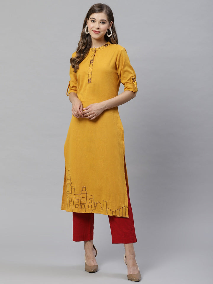 Mustard Embroidered Kurta-Yufta Store-7230KURMSS