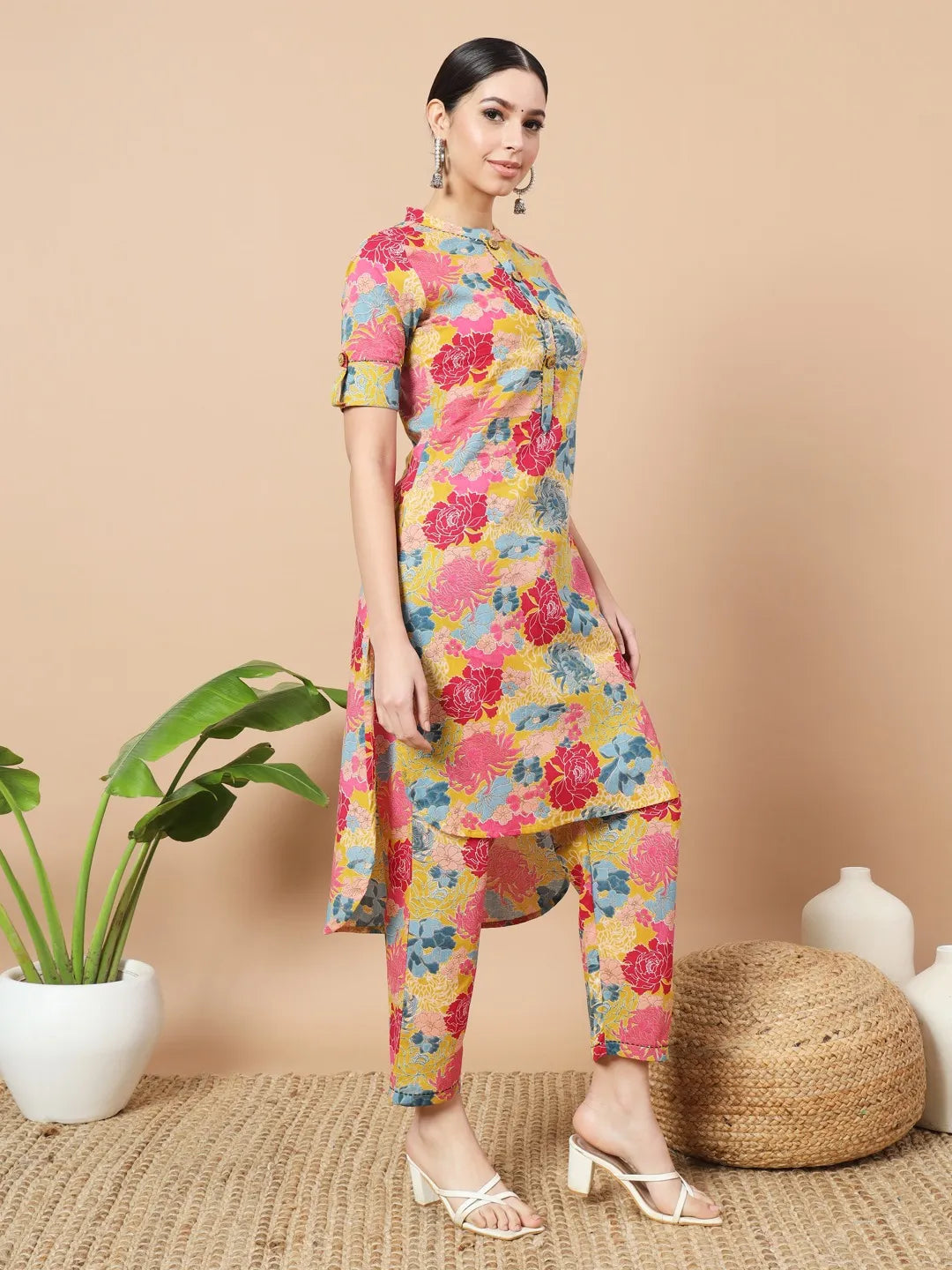 Mustard Floral Print Hand Work On Yoke Cotton Co-Ord Set-Yufta Store-6810CRDMSS