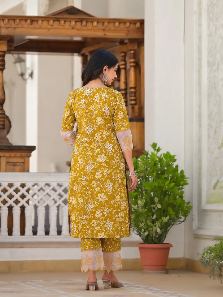 Mustard Floral Print Pakistani Style Kurta Trouser And Dupatta Set-Yufta Store-6891SKDMSM