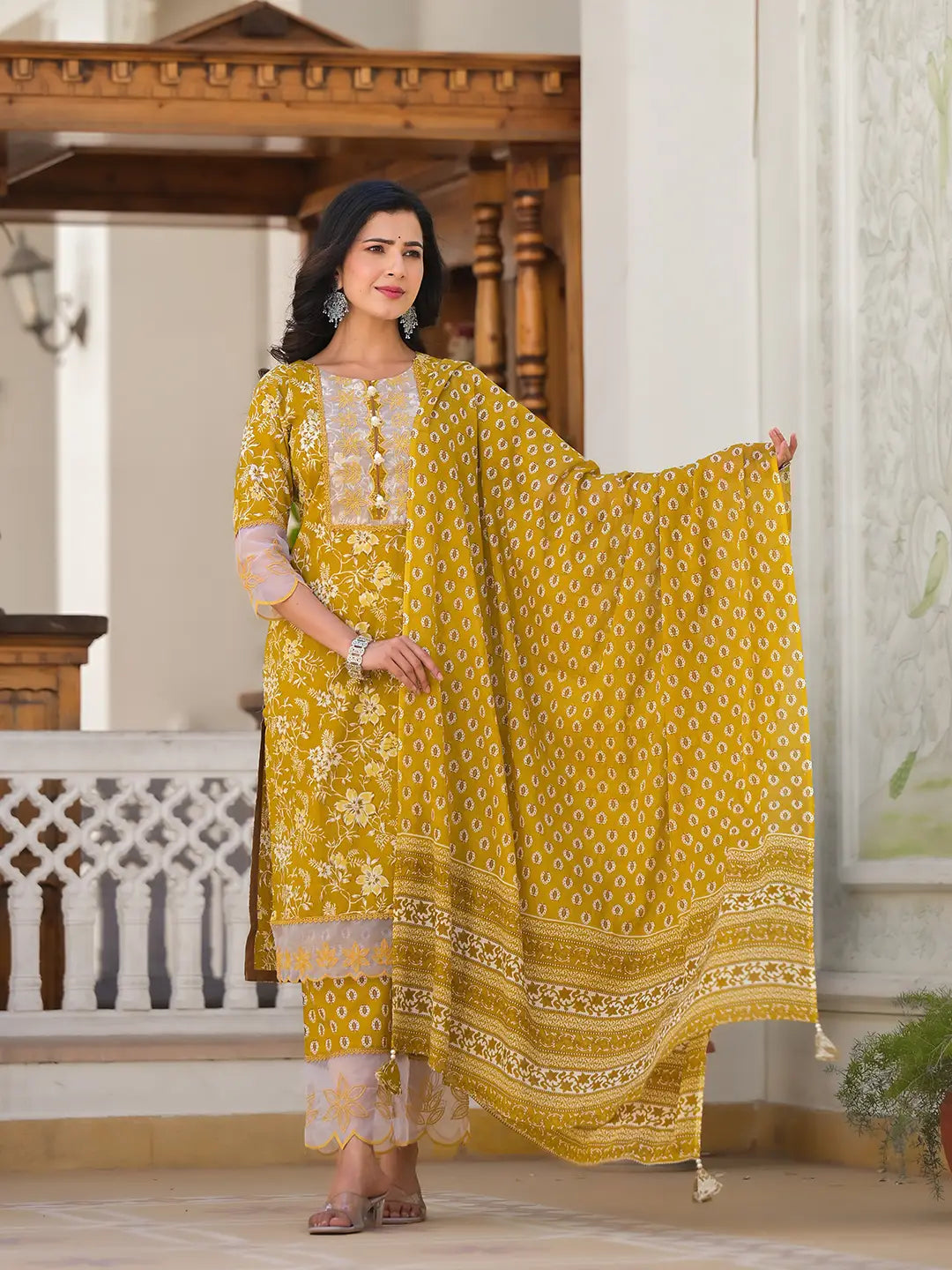 Mustard Floral Print Pakistani Style Kurta Trouser And Dupatta Set-Yufta Store-6891SKDMSM