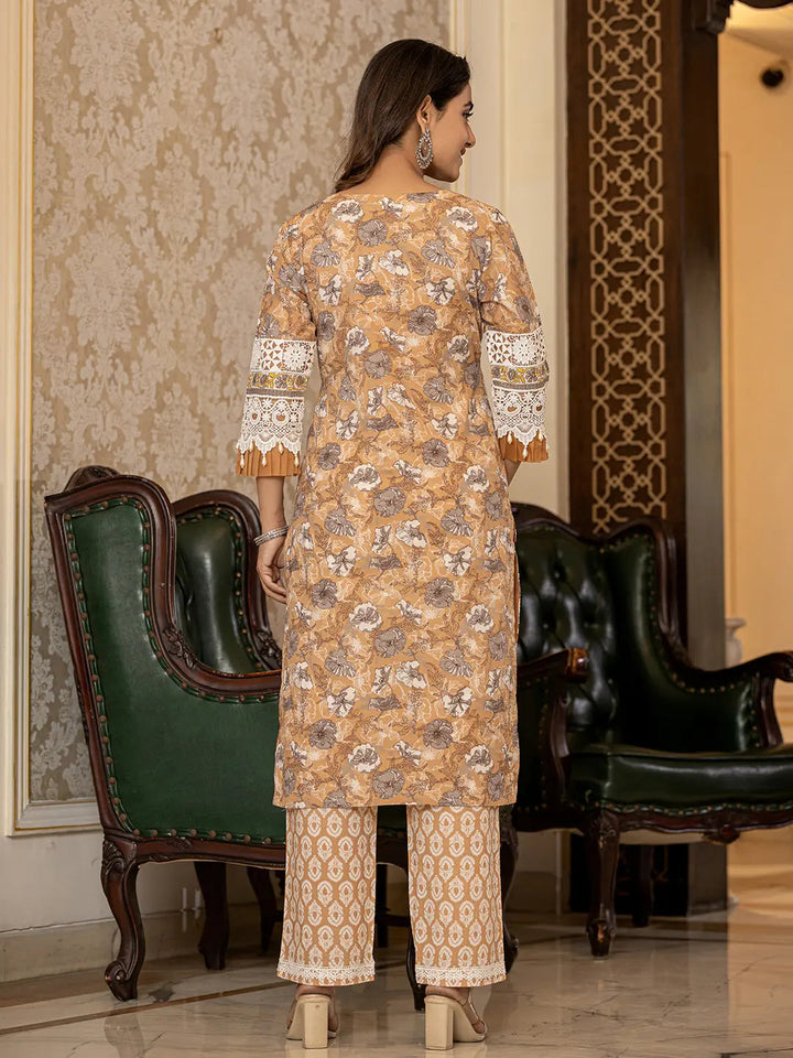 Mustard Floral Print Straight Pakistani Style Kurta Trouser And Dupatta Set-Yufta Store-6889SKDMSM