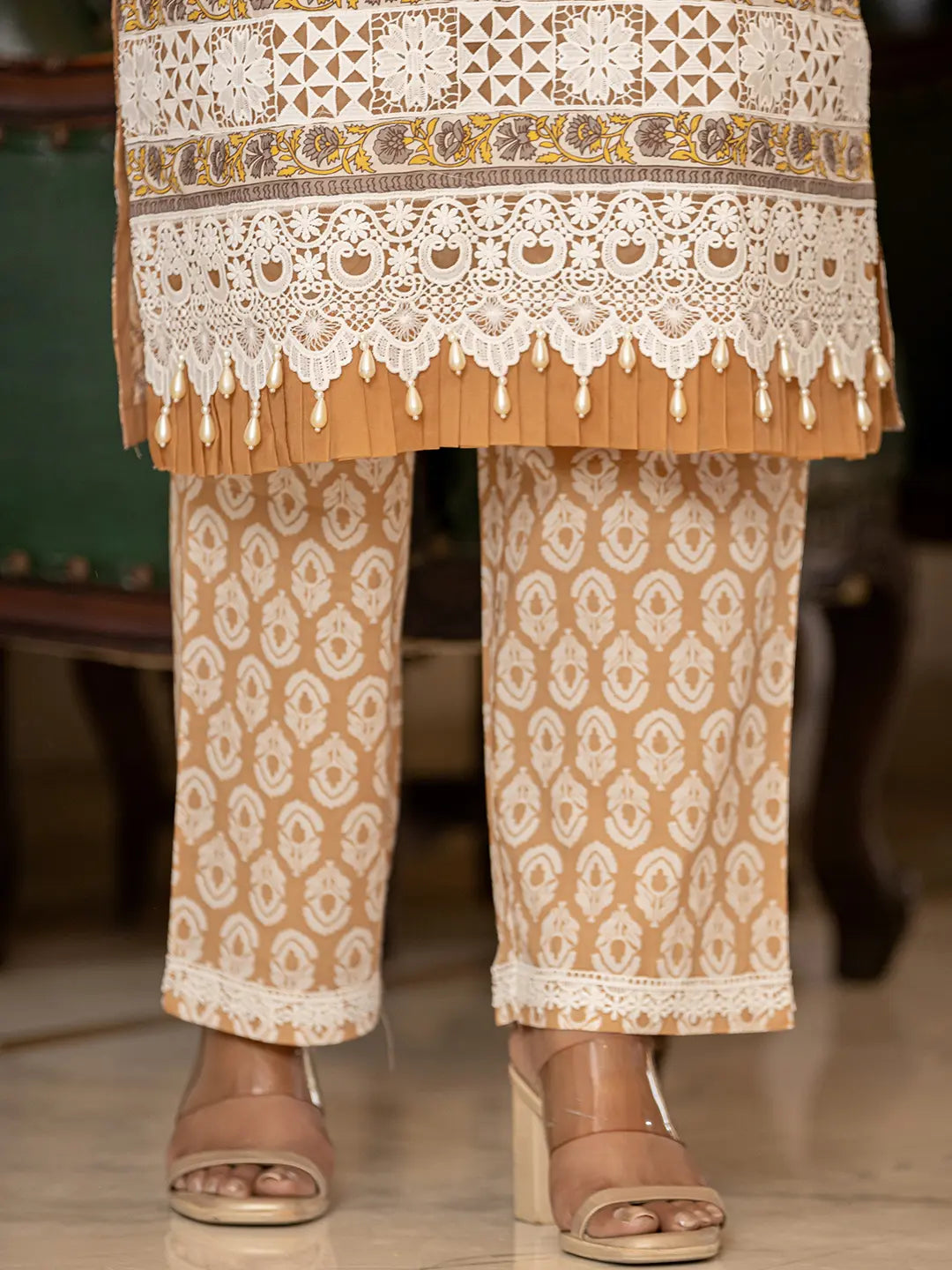 Mustard Floral Print Straight Pakistani Style Kurta Trouser And Dupatta Set-Yufta Store-6889SKDMSM