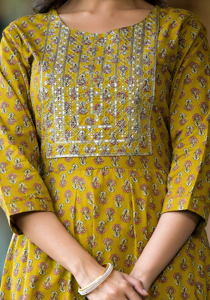 Mustard Floral Sequins_Work Kurta Trouser With Dupatta Set-Yufta Store-1186SKDMSS