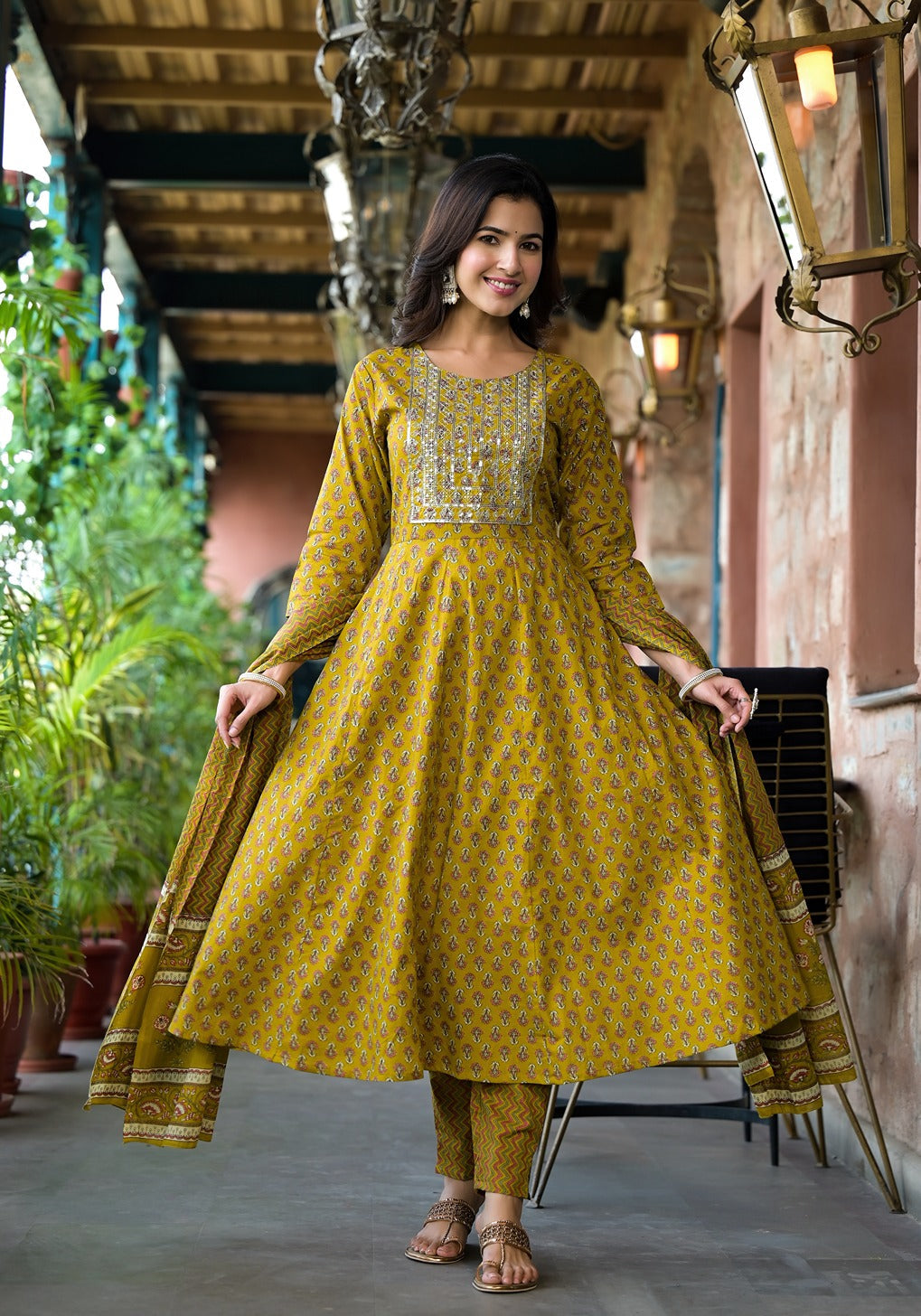 Mustard Floral Sequins_Work Kurta Trouser With Dupatta Set-Yufta Store-1186SKDMSS