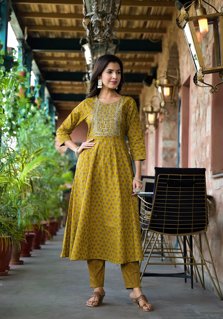 Mustard Floral Sequins_Work Kurta Trouser With Dupatta Set-Yufta Store-1186SKDMSS