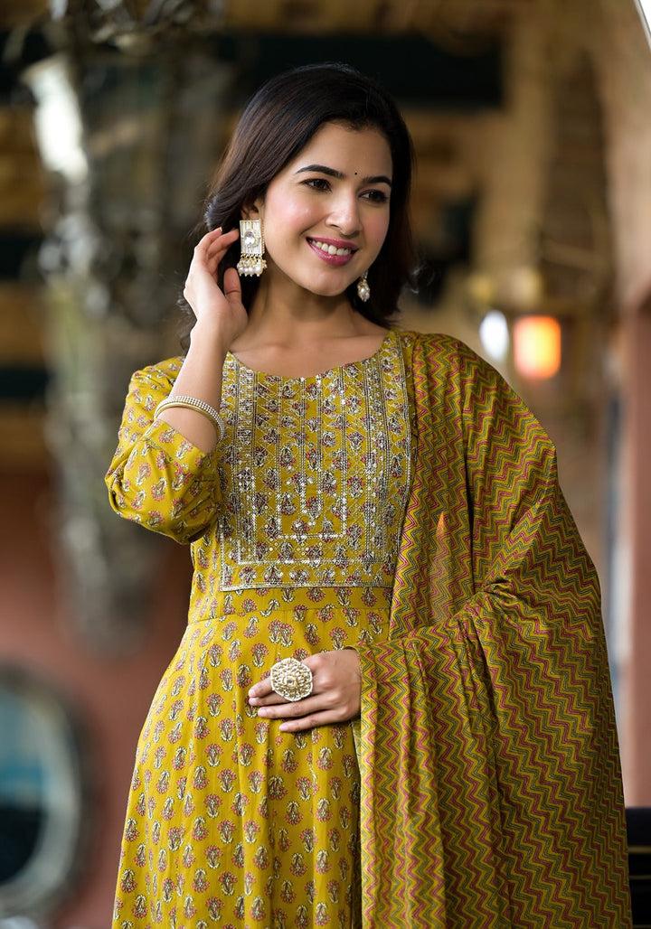 Mustard Floral Sequins_Work Kurta Trouser With Dupatta Set-Yufta Store-1186SKDMSS