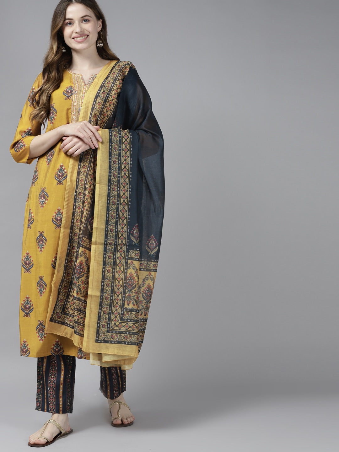 Mustard Handblock Dupatta Set-Yufta Store-2305SKDMSM