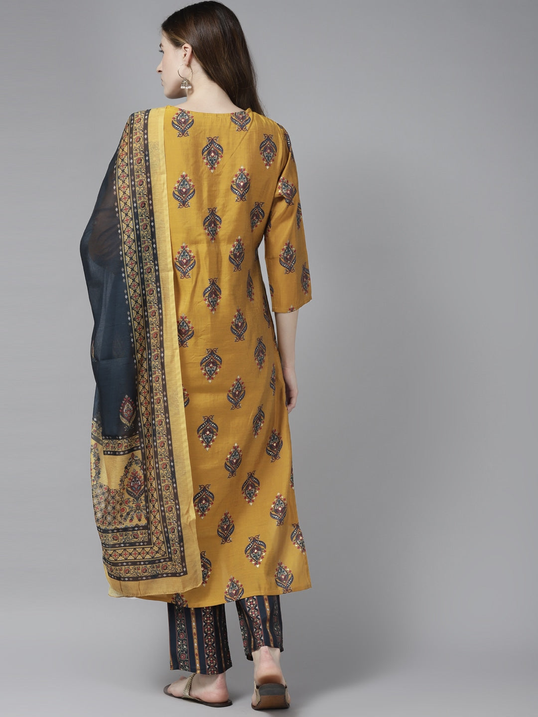 Mustard Handblock Dupatta Set-Yufta Store-2305SKDMSM