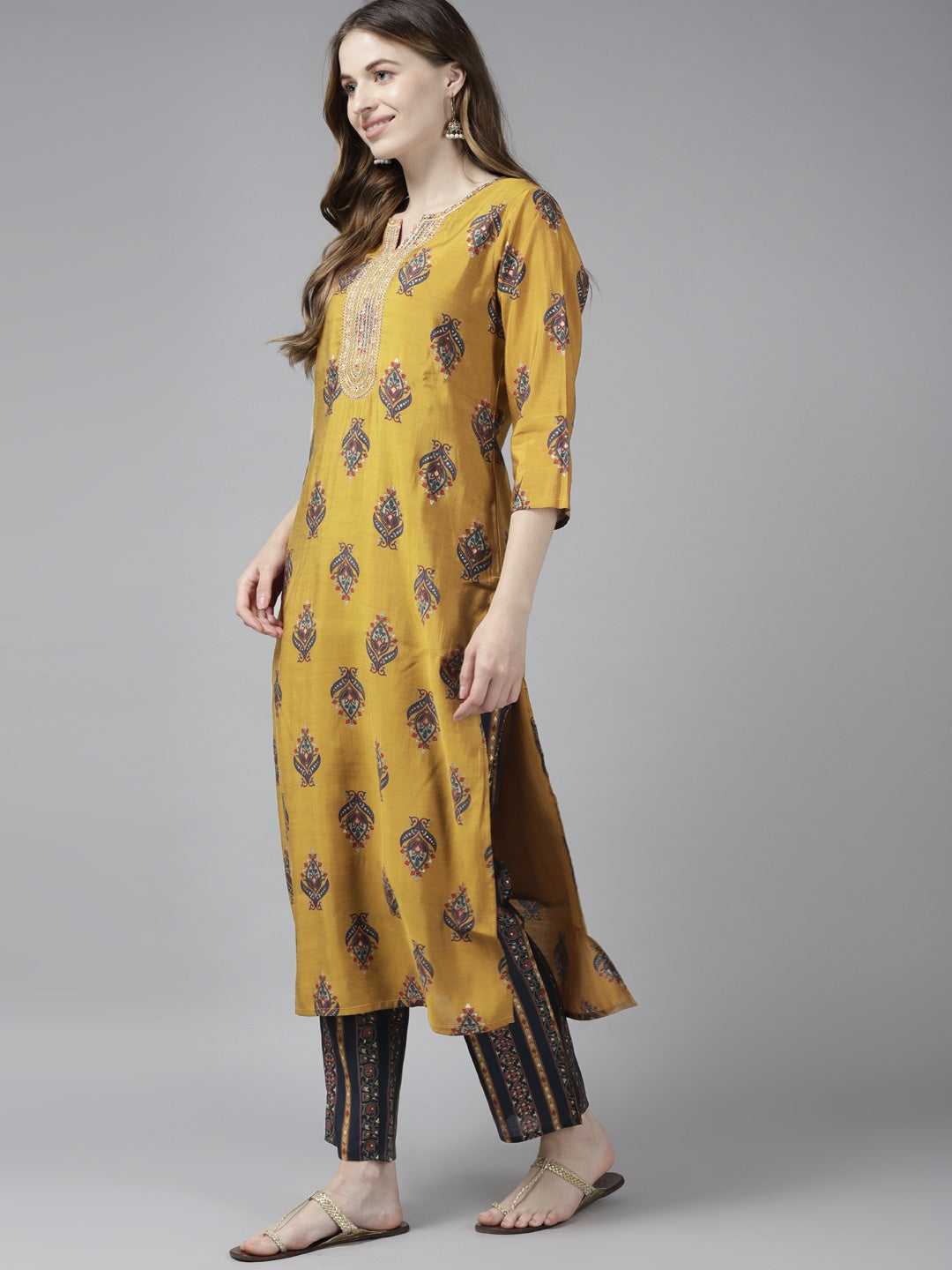 Mustard Handblock Dupatta Set-Yufta Store-2305SKDMSM