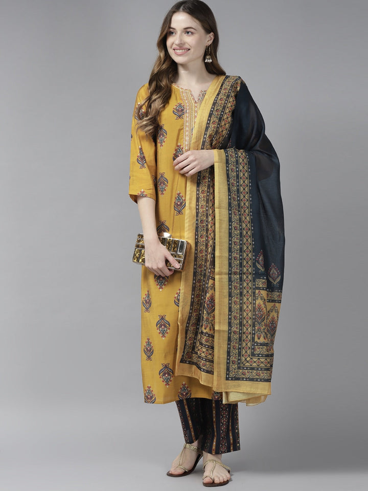 Mustard Handblock Dupatta Set-Yufta Store-2305SKDMSM