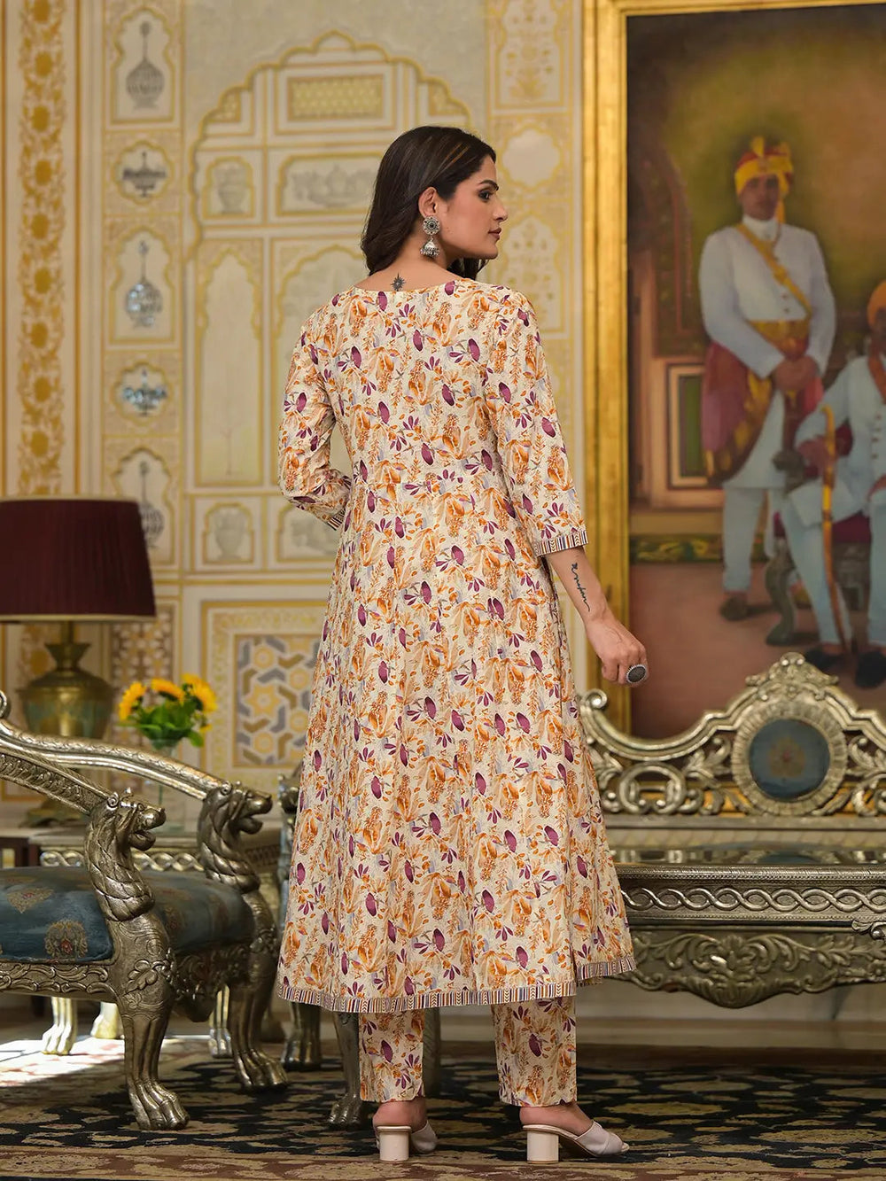 Mustard Leaf Print Zari Work Anarkali Kurta Trouser With Dupatta Set-Yufta Store-6920SKDMSS