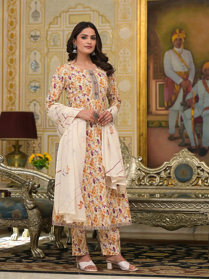 Mustard Leaf Print Zari Work Anarkali Kurta Trouser With Dupatta Set-Yufta Store-6920SKDMSS