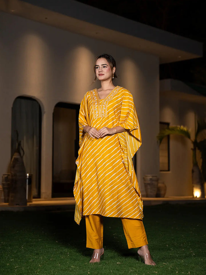 Mustard Leheriya Embroidered Kaftan Kurta Set-Yufta Store-6899SETMSS