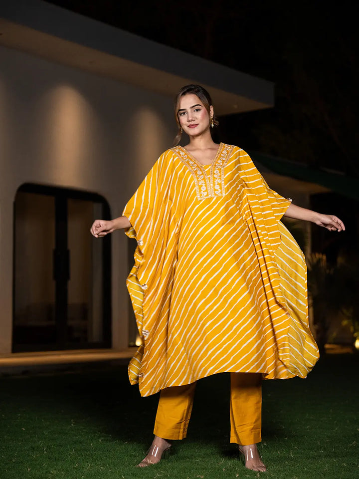 Mustard Leheriya Embroidered Kaftan Kurta Set-Yufta Store-6899SETMSS